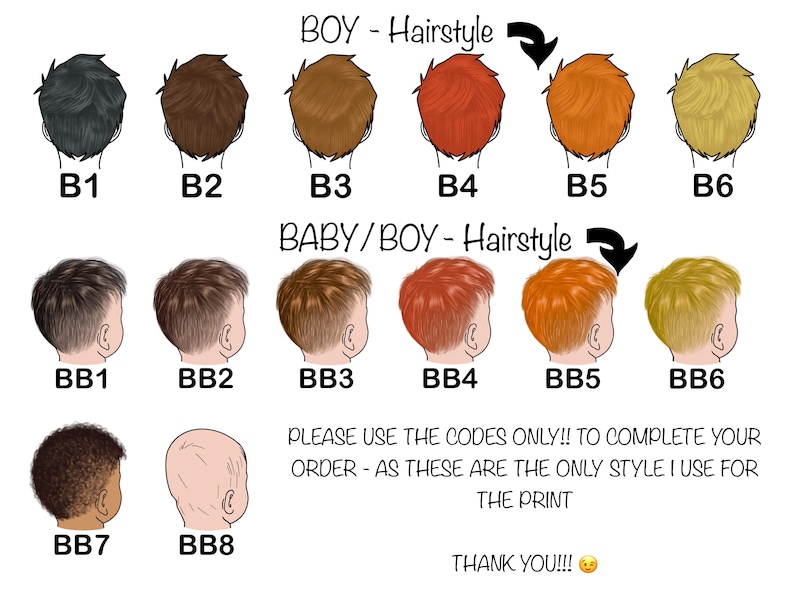 May include: Illustration of various boy and baby boy hairstyles, each labeled with a code (B1-B6, BB1-BB8). The image includes text: "PLEASE USE THE CODES ONLY!! TO COMPLETE YOUR ORDER - AS THESE ARE THE ONLY STYLE I USE FOR THE PRINT. THANK YOU!!!"