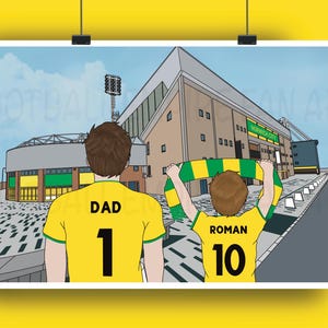 Personalised Norwich Gift - Carrow Road Stadium Print - Adult and Boy Standing - Dad Gift - Mum Gift - Father’s Day Gift - Wall Art Print