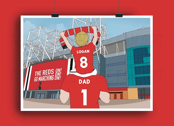Personalised Manchester United Family Print – Old Trafford Stadium Football Art – Custom Fan Gift Poster
