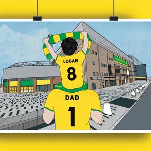 Norwich Gift - Personalised Carrow Road Stadium Print - Adult and Boy on Shoulders - Dad Gift - Grandad Gift - Fathers Day Gift - Wall Decor
