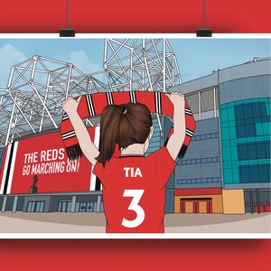 May include: Illustration of a person wearing a red jersey with the name "TIA" and the number "3" on the back, holding a red and black scarf in front of a stadium. The stadium has the text "THE REDS GO MARCHING ON!"