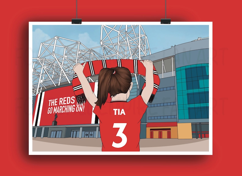 May include: Illustration of a person wearing a red jersey with the name "TIA" and the number "3" on the back, holding a red and black scarf in front of a stadium. The stadium has the text "THE REDS GO MARCHING ON!"