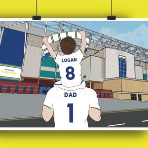 May include: A digital illustration depicts a father and child at a football stadium. The child, wearing a jersey with "LOGAN" and the number "8", is on the father's shoulders. The father's jersey has "DAD" and the number "1". A scarf is held up.