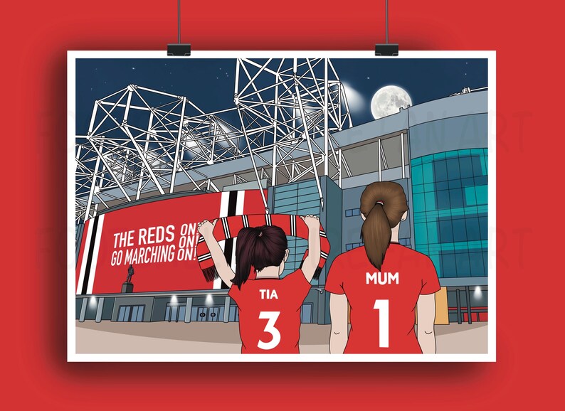 May include: Illustration of two people in red shirts with the text "MUM 1" and "TIA 3" in front of a stadium at night. The stadium has the text "THE REDS ON GO MARCHING ON!" on a large sign. A scarf is held up.