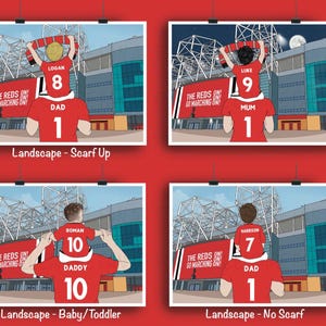 May include: Four framed prints featuring cartoon illustrations of a parent and child at a stadium. The adults wear red jerseys with the number 1, while the children wear jerseys with different numbers. Text includes "THE REDS ON GO MARCHING ON!"