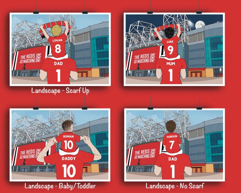 May include: Four framed prints featuring cartoon illustrations of a parent and child at a stadium. The adults wear red jerseys with the number 1, while the children wear jerseys with different numbers. Text includes "THE REDS ON GO MARCHING ON!"