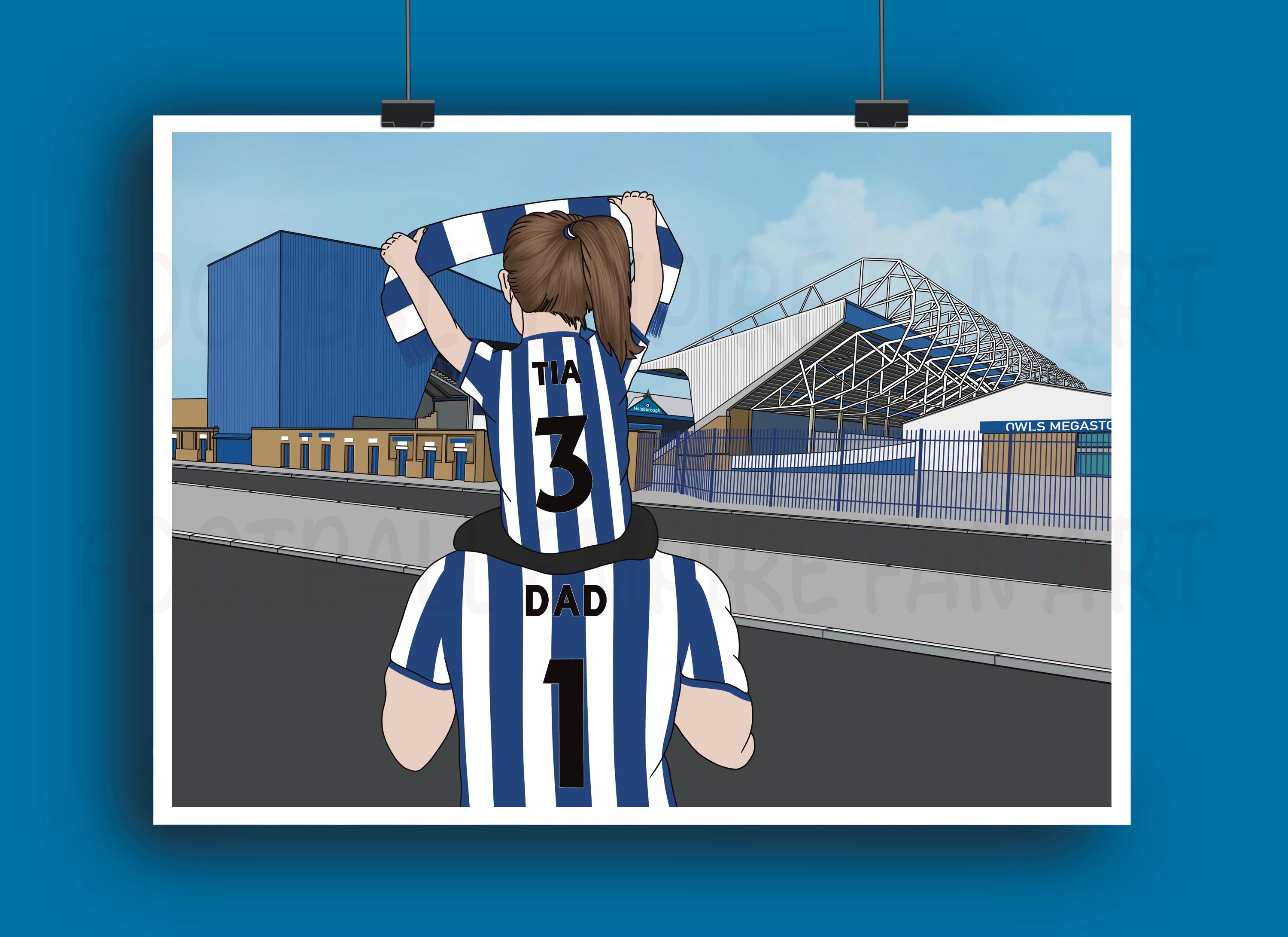 Personalised Sheffield Wednesday Hillsborough Stadium Print  - Adult and Girl On Shoulders - Dad Gift - Personalised Family Wall Art Print