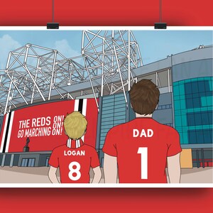 May include: Illustration of a father and child in red shirts with the numbers 1 and 8, standing in front of a stadium. The stadium has a large sign that reads "THE REDS ON! GO MARCHING ON!" The sky is blue.