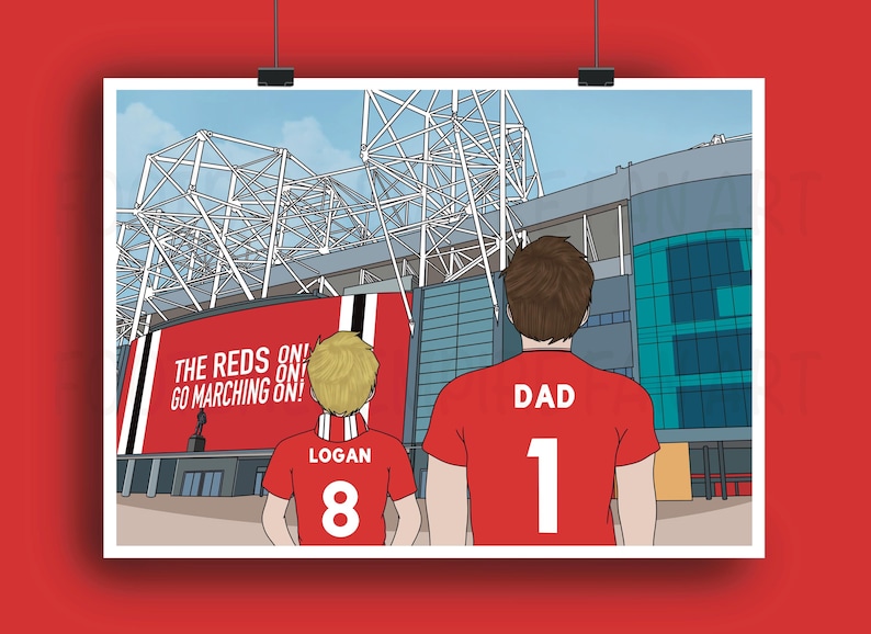 May include: Illustration of a father and child in red shirts with the numbers 1 and 8, standing in front of a stadium. The stadium has a large sign that reads "THE REDS ON! GO MARCHING ON!" The sky is blue.