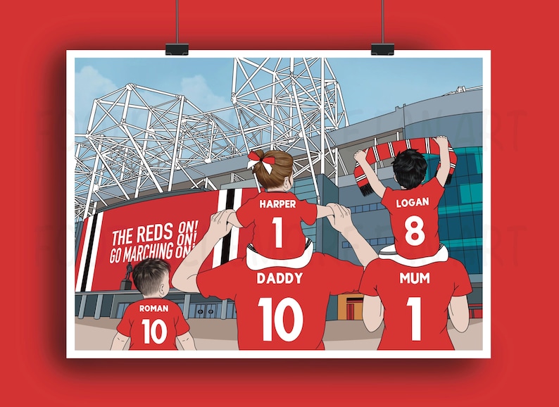 May include: Illustration of a family of four wearing red jerseys with white numbers, standing in front of a stadium. The text "THE REDS ON! GO MARCHING ON" is visible. The family is likely attending a soccer game.