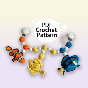 Stroller chain colorful fishes crochet pattern, instruction pendant colorful fishes, hanging fishes, DIY Baby chain in yellow blue orange