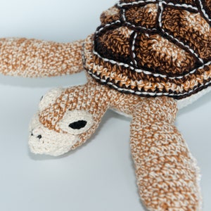 May include: A crocheted turtle toy with a brown and white shell and a white body. The turtle has black eyes and a brown nose.