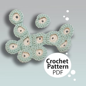 May include: A crocheted, seafoam green pattern with multiple circular shapes and beige centers, resembling eyes. The text "Crochet Pattern PDF" is in a white circle in the lower right corner. The design is on a light gray background.