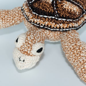 May include: A crocheted turtle toy with a brown and white shell and white face. The turtle has black eyes and a small, white nose.