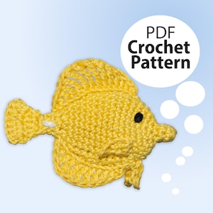 May include: A crochet pattern for a yellow fish with black eyes. The pattern is available as a PDF download.
