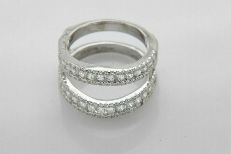 14k White Gold Over Enhancer Prongs Set Simulated Diamonds Ring Guard Wrap Jacket Silver