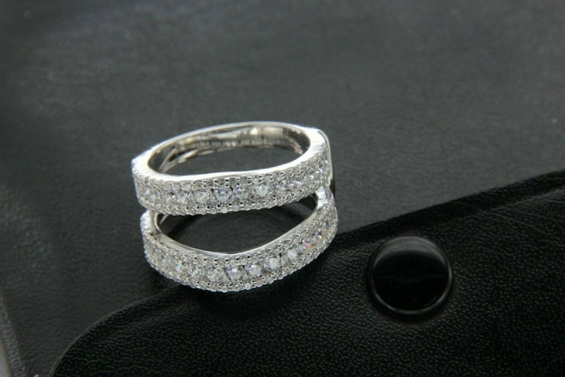 14k White Gold Over Enhancer Prongs Set Simulated Diamonds Ring Guard Wrap Jacket Silver