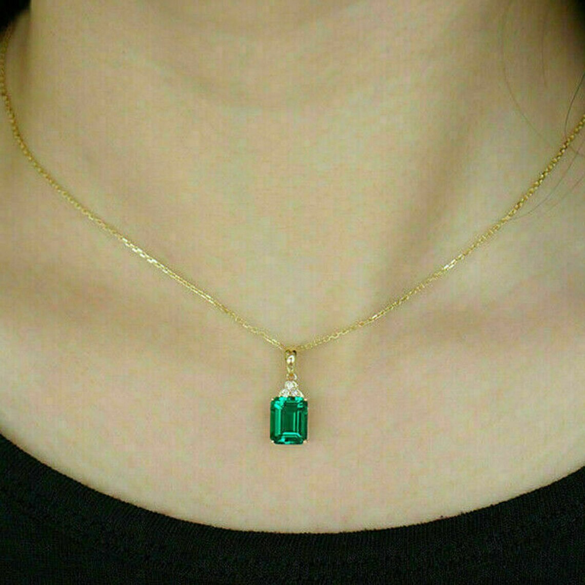 2.00 CT Green Emerald Pendant 18 Chain 14K Yellow Gold Etsy