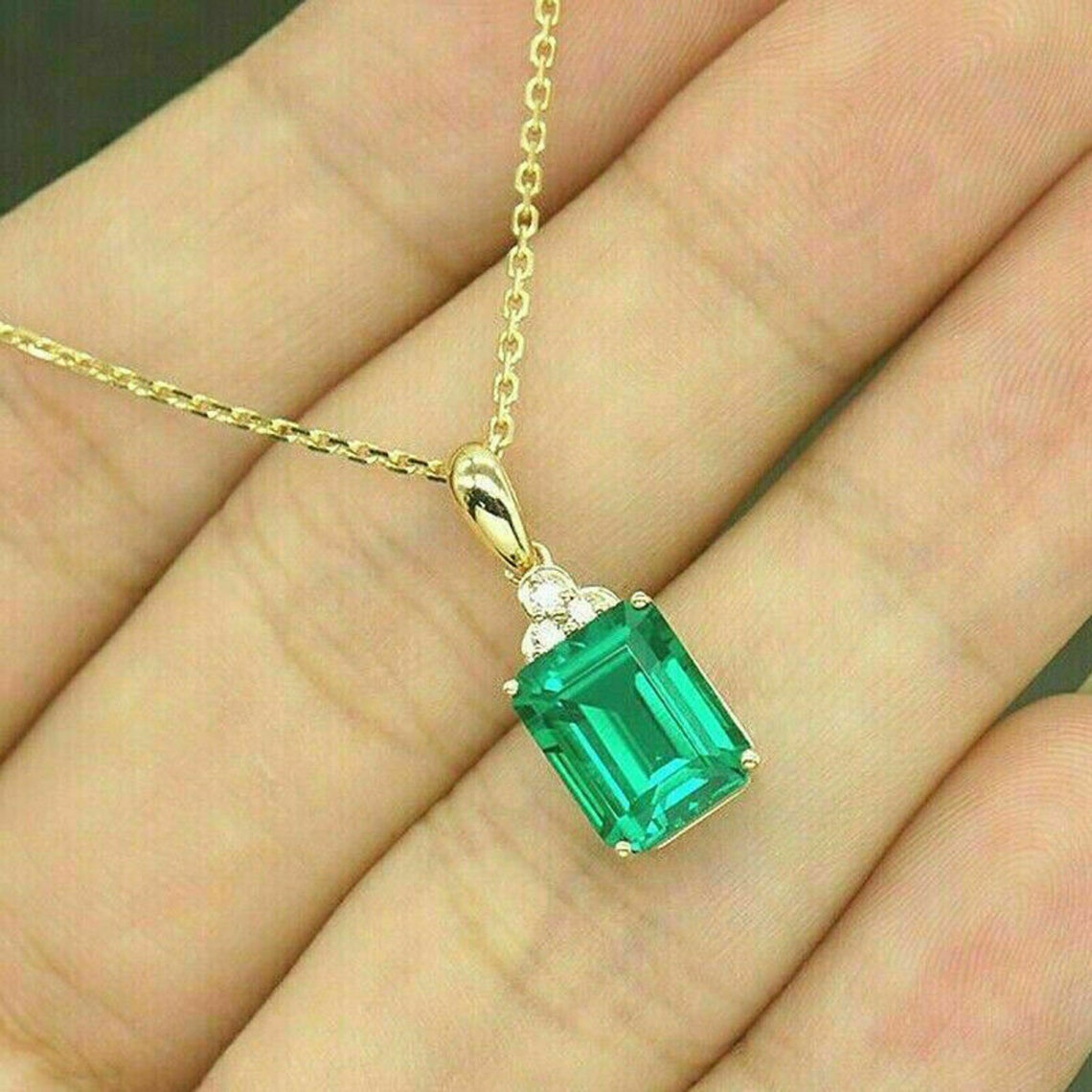 2.00 CT Green Emerald Pendant 18 Chain 14K Yellow Gold | Etsy