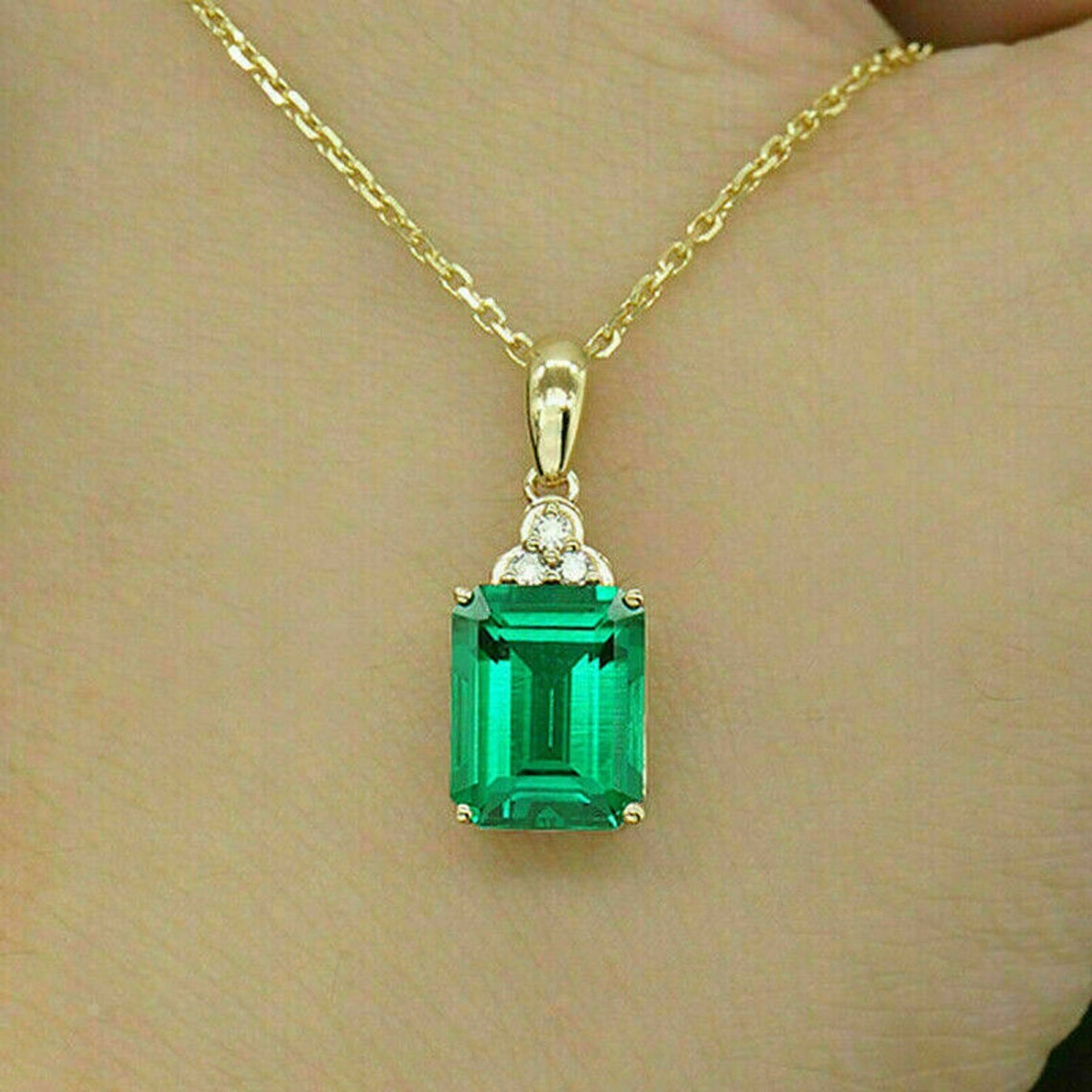 2.00 CT Green Emerald Pendant 18 Chain 14K Yellow Gold Etsy