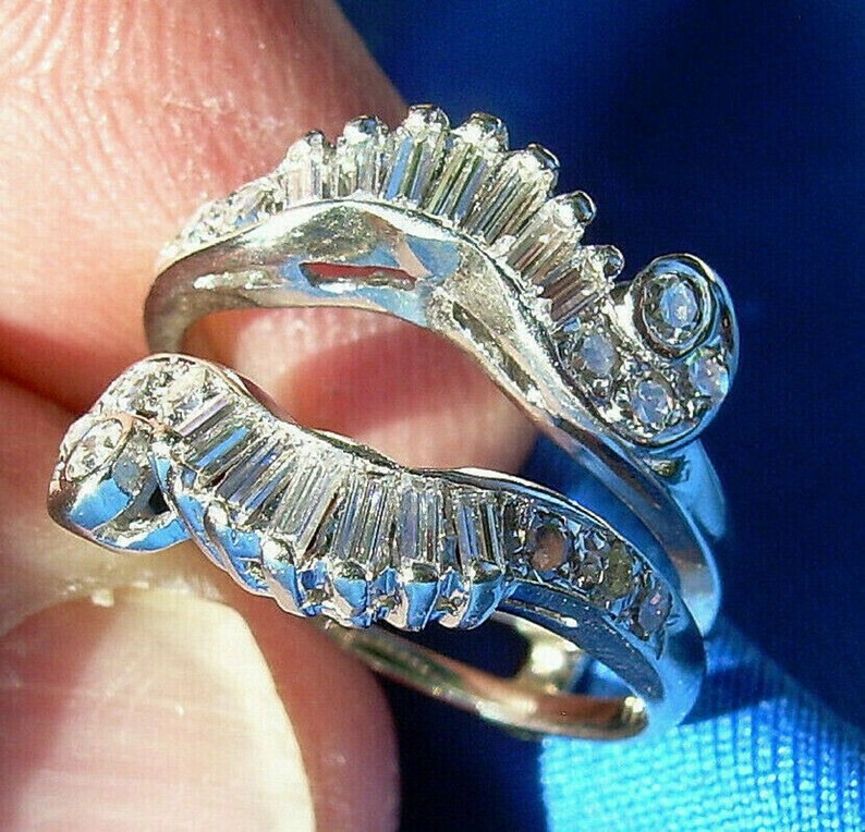 Art Deco Wedding Band Solitaire Enhancer Wrap Simulated Diamond Insert Ring Guard 1.00ct Sterling Silver 925