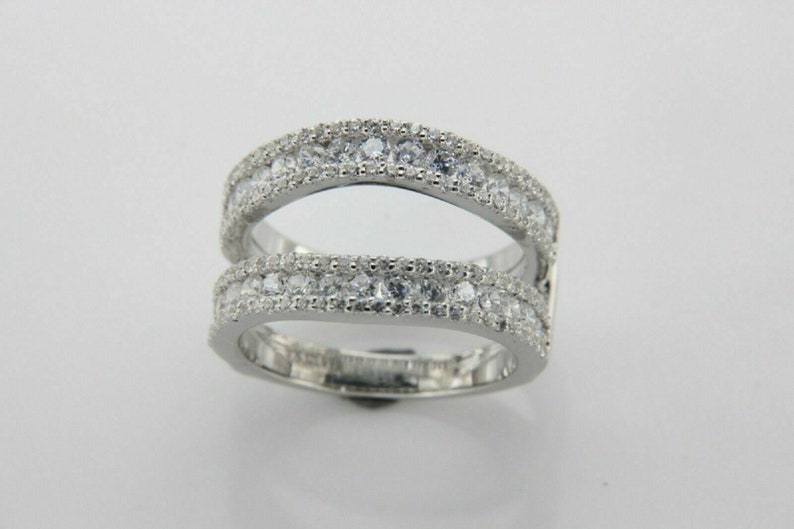 14k White Gold Over Enhancer Prongs Set Simulated Diamonds Ring Guard Wrap Jacket Silver