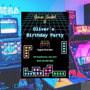 Invito digitale per festa di compleanno Tetris scaricabile immediatamente, modificabile con Canva/ Inviti stampabili fai da te/ Compleanno del figlio/ Gamer/ Giochi della vecchia scuola