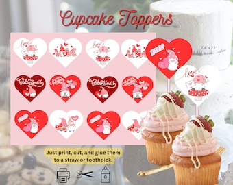 Cute Valentines Gnomes Cupcake Toppers| Printable Cupcake Toppers Digital Download| DIY| Valentines Day