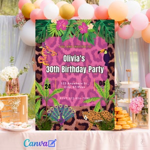 Pink Jungle Animal Print Birthday Party Instant Download Digital Invitation Editable w/ Canva| Printable Invites DIY | for her birthday