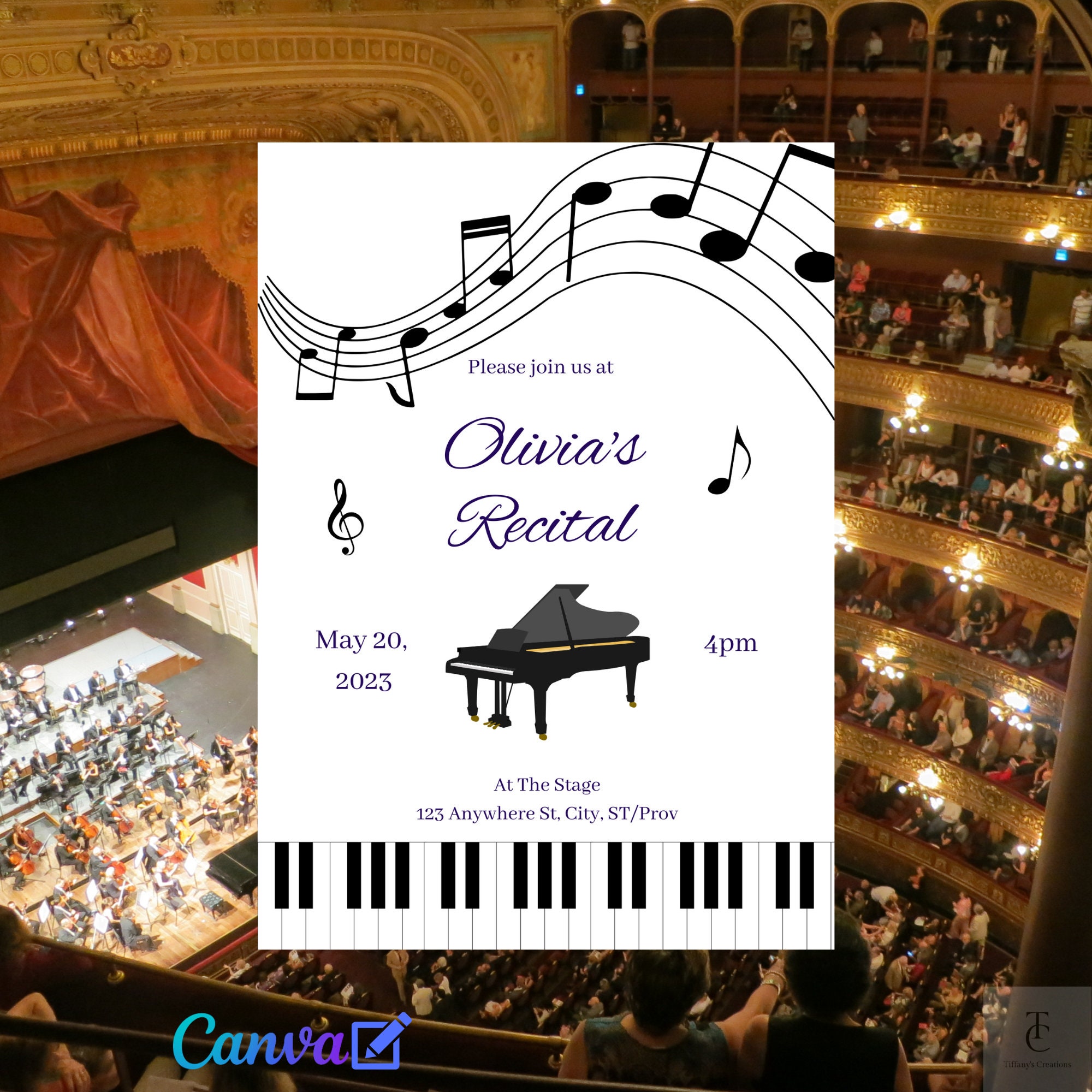 Piano Recital Music Notes Instant Download Digital Invitation Editable W/ Canva Printable ...