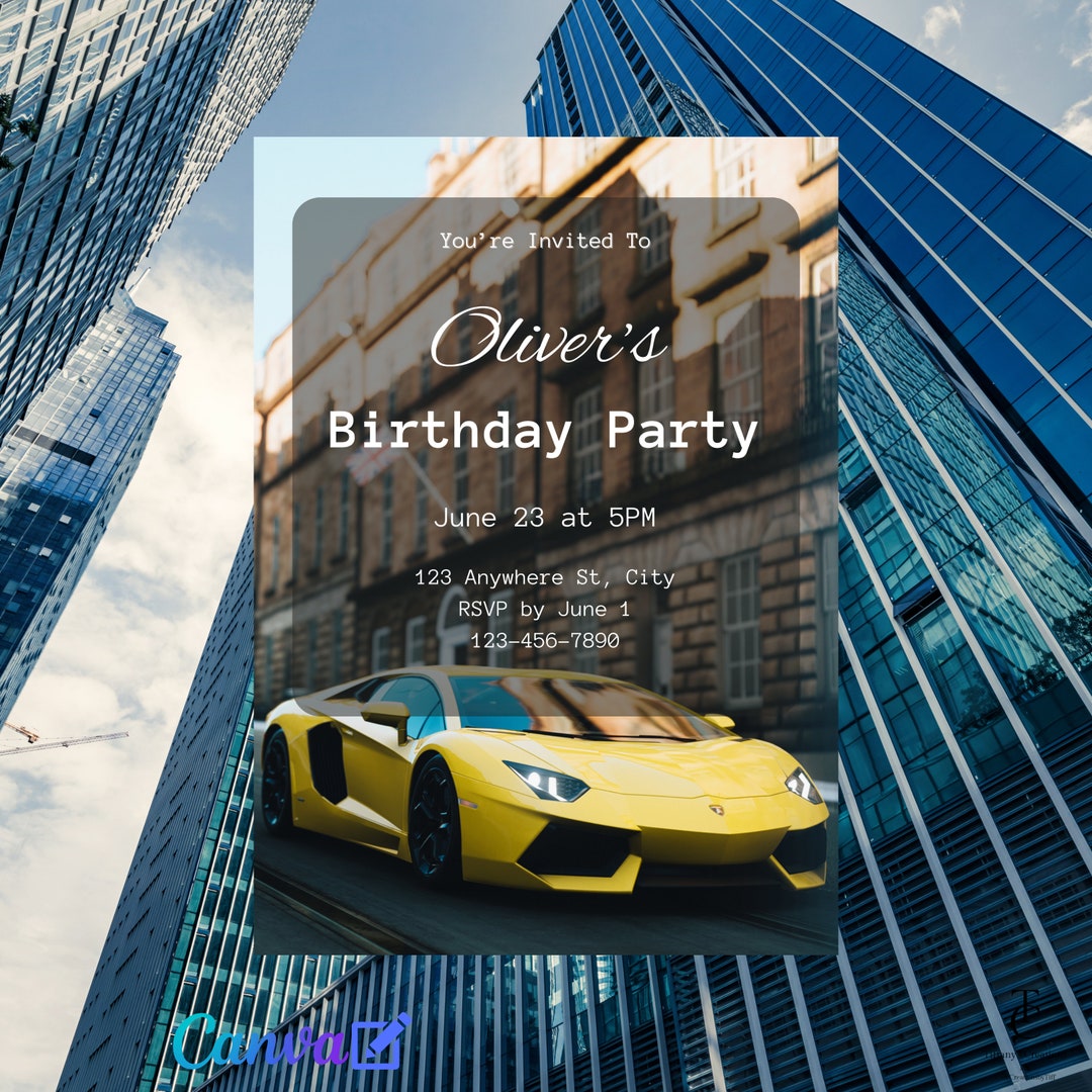 Sports Car Birthday Invitation: Yellow Lambo, Editable Canva Template ...