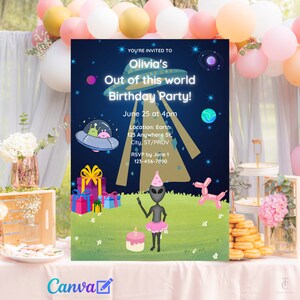 Peut inclure: Une invitation à une fête d'anniversaire sur le thème de l'espace. L'invitation représente un extraterrestre en dessin animé portant une tutu rose et faisant un signe de paix. Le texte sur l'invitation indique "Vous êtes invité à la fête d'anniversaire d'Olivia, hors du monde !" Le 25 juin à 16h00 Lieu : Terre 123 Anywhere St, Ville, ST/PROV Réponse souhaitée avant le 1er juin 123-456-7890