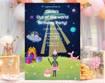 Girl Alien Birthday Party Instant Download Digital Invitation Editable w/ Canva| Printable Invites DIY| Daughter's Birthday| Outer space