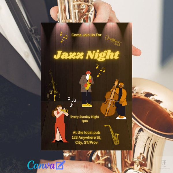 Jazz Night Event Instant Download Digital Invitation Editable w/ Canva. Printable invites DIY | Music Concert Invite| Invites for musician