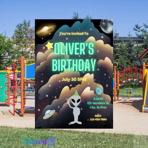 Alien Outer Space Birthday Party Instant Download Digital Invitation Editable w/ Canva| Printable Invites DIY | Sci-Fi invites
