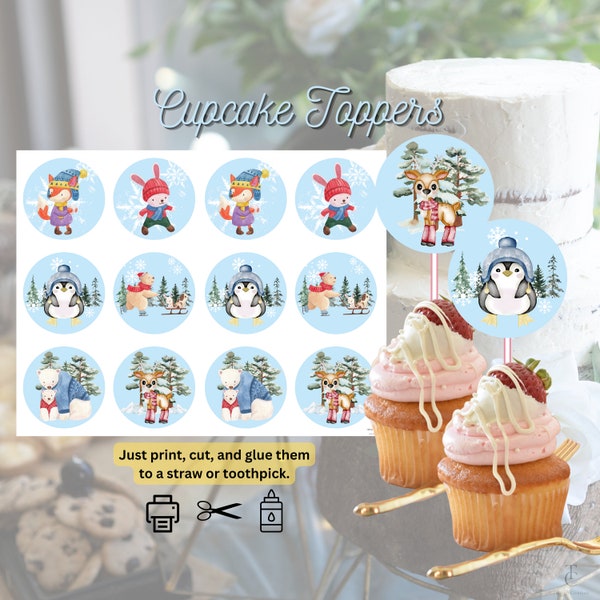 Cute Winter Animal Printable Cupcake Toppers Digital Download| DIY| Christmas Party| Xmas birthday cupcake toppers| Crafting| 2" stickers|