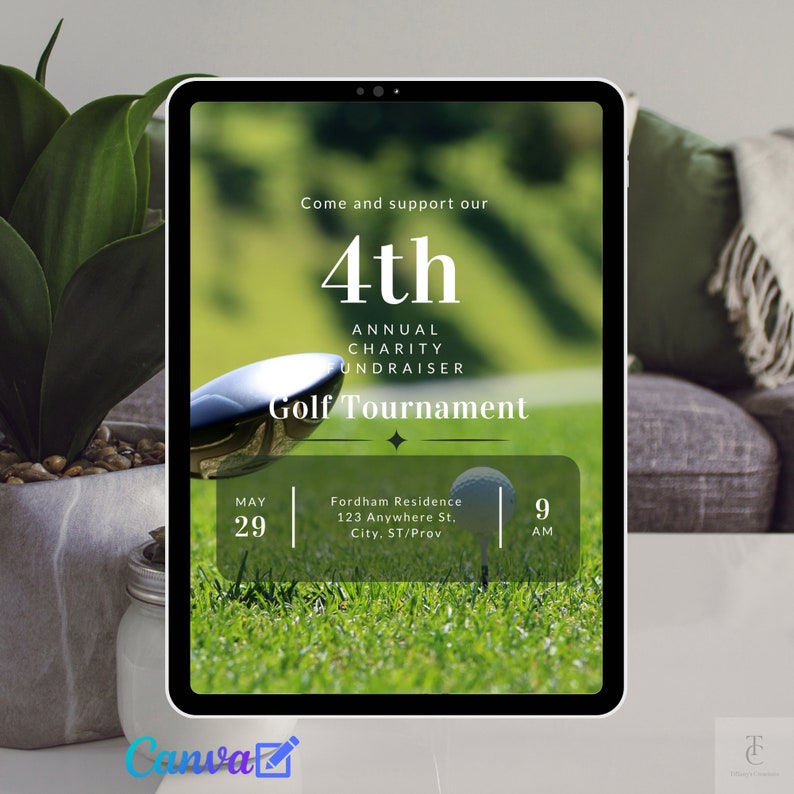 May include: A digital tablet displaying a flyer for the 4th Annual Charity Golf Tournament. The flyer features a golf club and ball on a green background. The event is scheduled for May 29th at 9 AM at the Fordham Residence, 123 Anywhere St., City, ST/Prov.