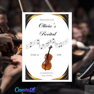 May include: A white invitation with gold accents announcing Olivia's Recital on 10 June at 7 PM. The invitation features a black and white illustration of musical notes and a cello.