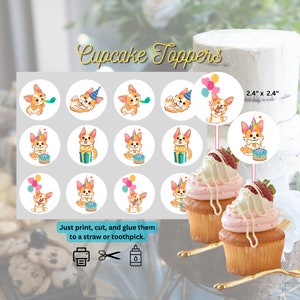 Corgi Dog Puppy Birthday Instant Download Digital Cupcake Toppers| Printable| DIY | Dog owner| New dog owner| Puppy bday| 2" stickers|