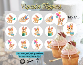 Corgi Puppy Birthday Cupcake Toppers: Printable Party Decor (Digital Download)