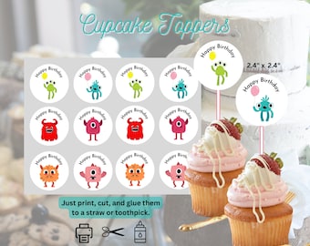 Cute Baby Monster theme Printable Cupcake Toppers Digital Download| DIY| Kid's Birthday Party| Son's birthday| 2" stickers|