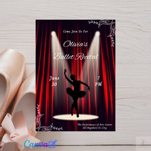 Recital baletowy Natychmiastowe pobranie Cyfrowe zaproszenie Edytowalne z Canva | Zaproszenia do druku DIY | Zaproszenia dla baletnicy | dla tancerza baletowego