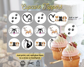 Dog Birthday Cupcake Toppers: Puppy Party Decorations (Digital Download)