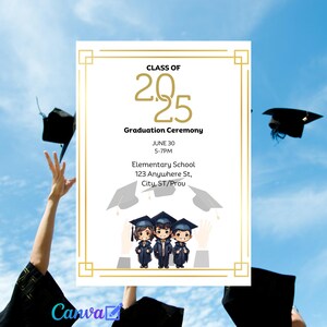 Kid&#39;s Graduation Instant Download Digital Invitations| Editable w/ Canva| Printable| Elementary school| Kindergarten Students| Grade 7