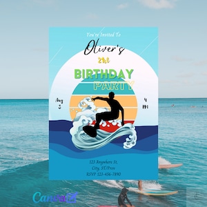 Surfer Birthday Party Instant Download Digital Invitation Editable w Canva| Printable Invites DIY| Urodziny syna| 21. urodziny