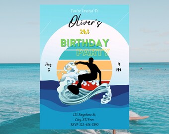 Surfer Birthday Party Invitation: Editable Canva Template (Digital Download)