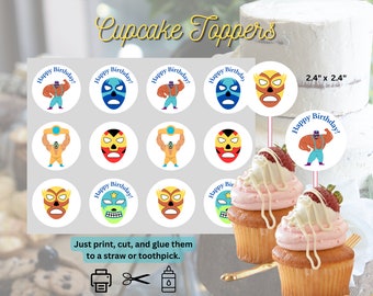 Lucha Libre Birthday Party Instant Download Digital Cupcake Toppers| Printable| DIY | Son's Birthday| Wrestling fan| 2" stickers|