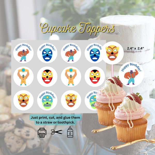 Lucha Libre Birthday Party Instant Download Digital Cupcake Toppers| Printable| DIY | Son's Birthday| Wrestling fan| 2" stickers|