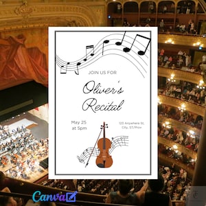 Violin Recital Music Notes Instant Download Digital Invitation Editable w/ Canva | Printable Invites DIY | Invites for musician | Violinist