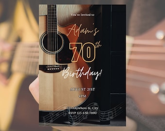 May include: A black and white invitation with a photo of two acoustic guitars. The text reads "You're Invited to Adam's 70th Birthday! August 21st 4PM 123 Anywhere St. City RSVP 123-456-7890"